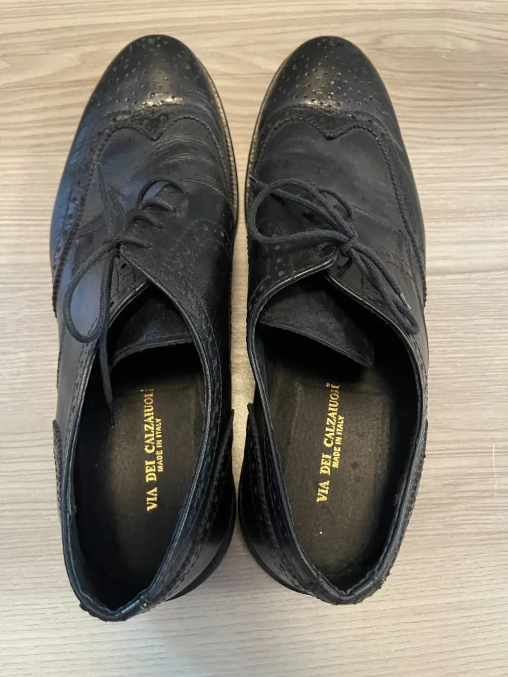 Via Dei Calzaiuoli Black Leather Wingtip Oxford Dress Shoes Made in Italy Sz 44